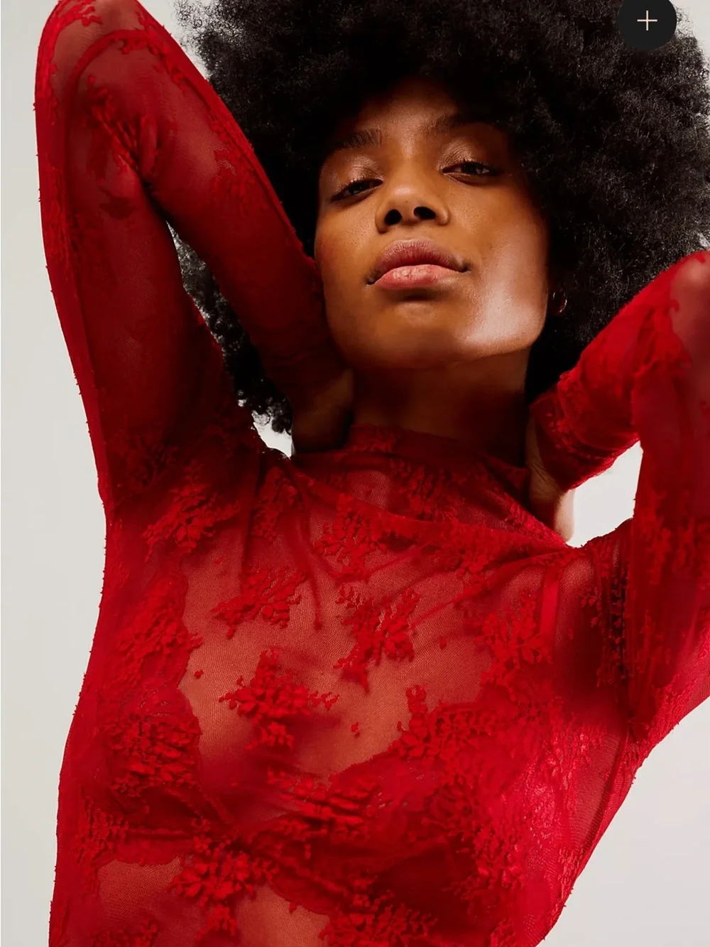 Free People Red Lace Long-Sleeve Mock Neck Top